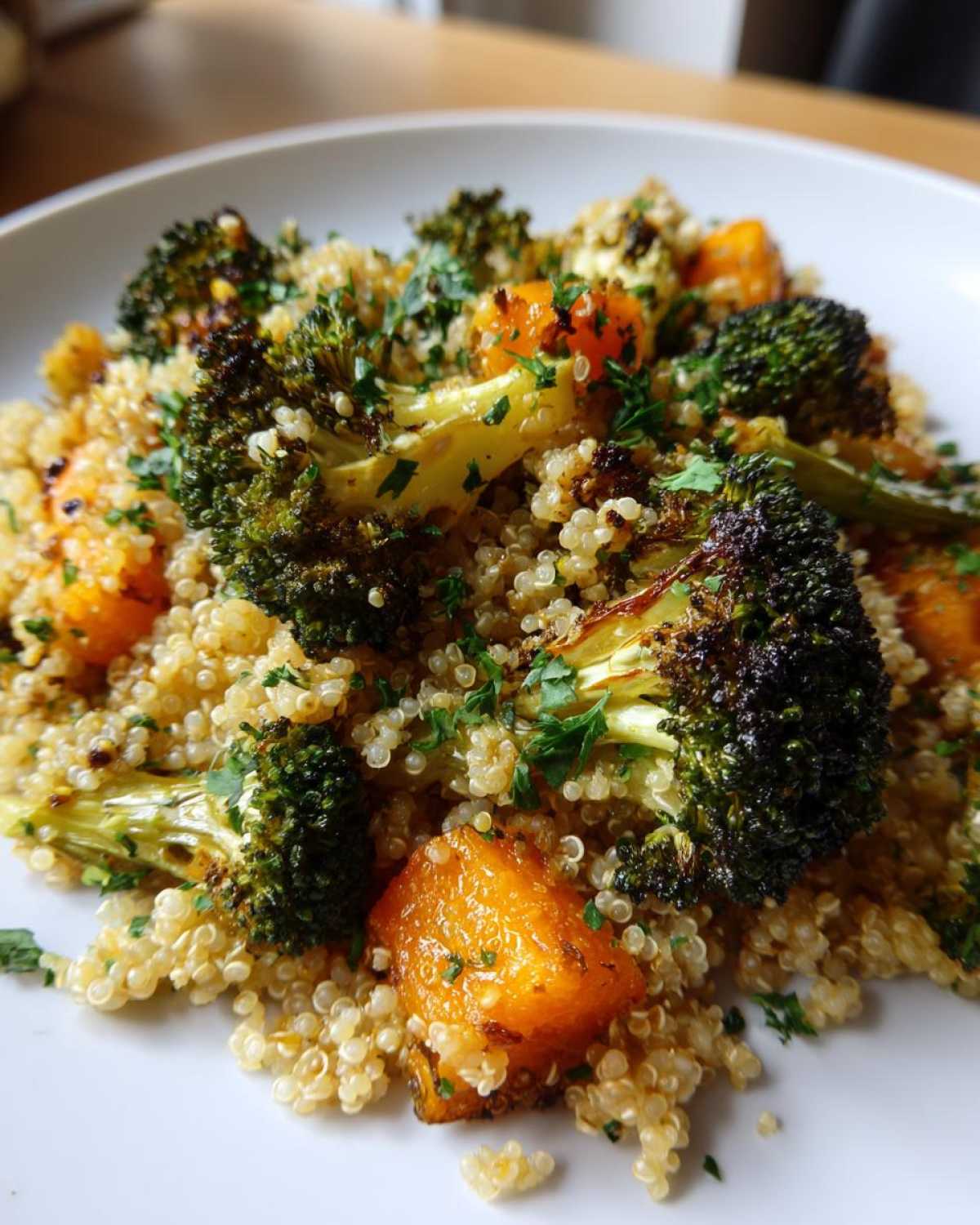 Close-up of Herbed Quinoa with Roasted Vegetables featuring charred broccoli florets and bright orange squash pieces.