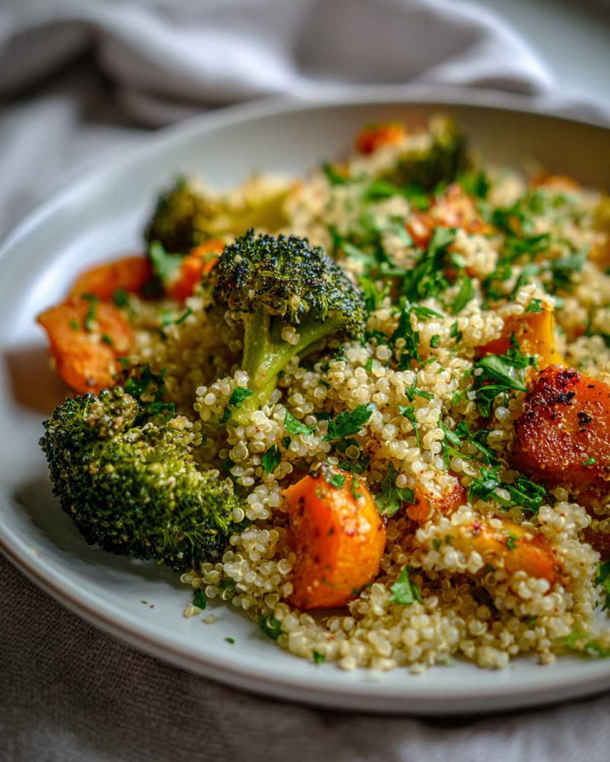 A close-up of Herbed Quinoa with Roasted Vegetables, featuring roasted broccoli florets and orange root vegetables mixed with fluffy quinoa and fresh parsley.