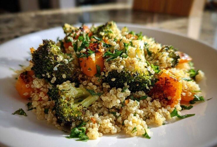 A close-up serving of Herbed Quinoa with Roasted Vegetables, featuring roasted broccoli and sweet potato chunks.