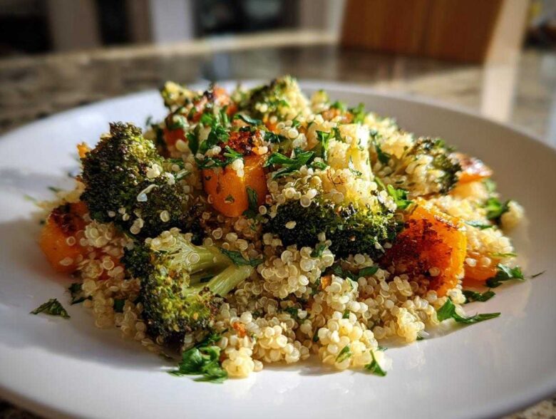 A close-up serving of Herbed Quinoa with Roasted Vegetables, featuring roasted broccoli and sweet potato chunks.