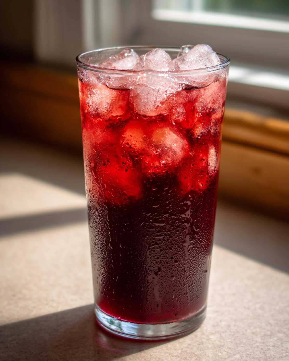 A tall, sweating glass filled with bright red Agua Fresca de Jamaica Hibiscus and ice cubes, sitting in sunlight.