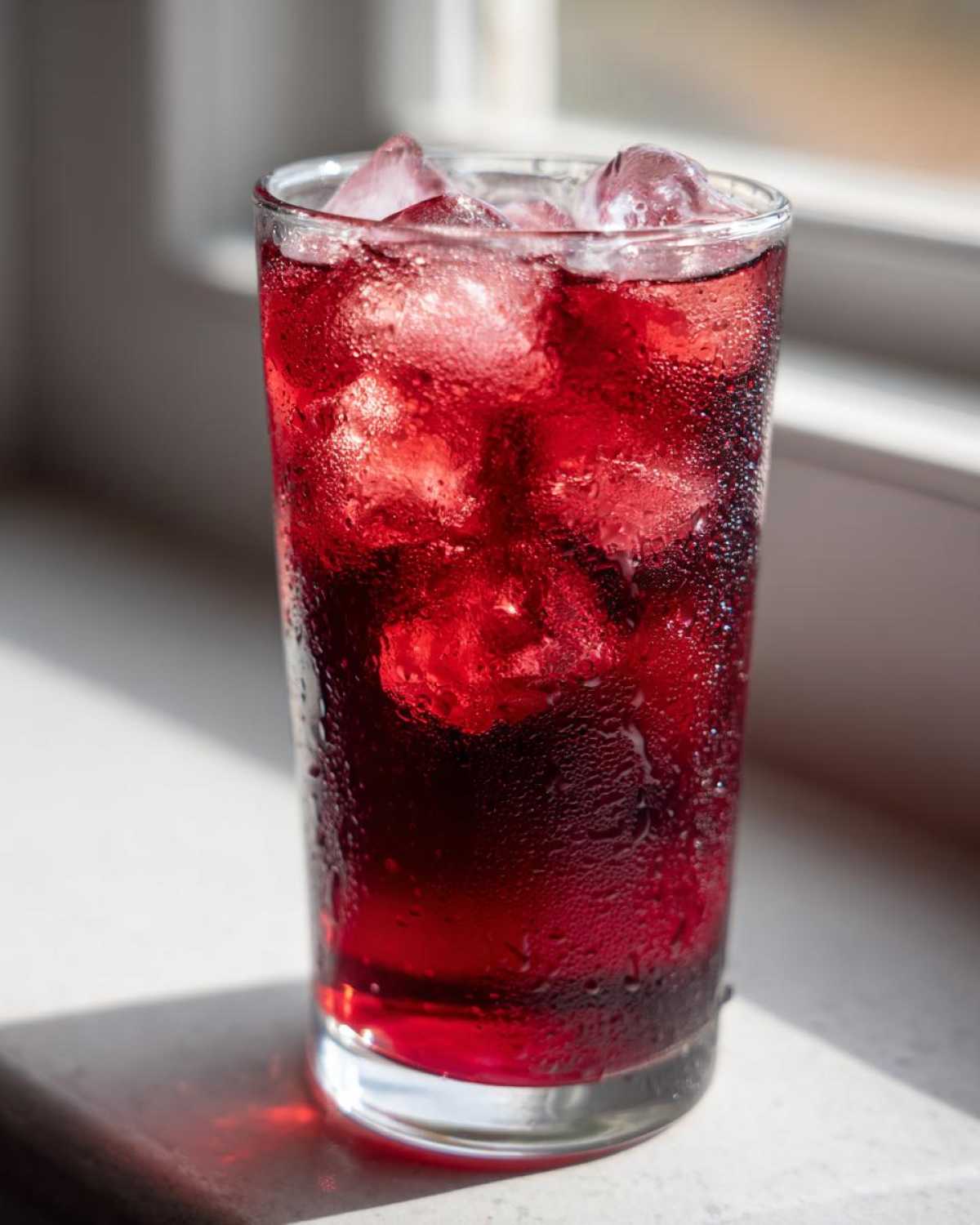Close-up of a tall glass filled with deep red Agua Fresca de Jamaica Hibiscus and ice cubes, showing condensation.