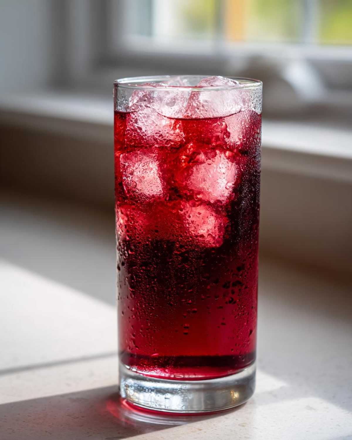 A tall glass filled with vibrant red Agua Fresca de Jamaica Hibiscus and ice cubes, showing condensation on the outside.