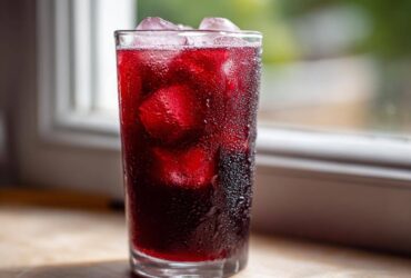 A tall, sweating glass filled with ice and deep red Agua Fresca de Jamaica Hibiscus, set near a bright window.
