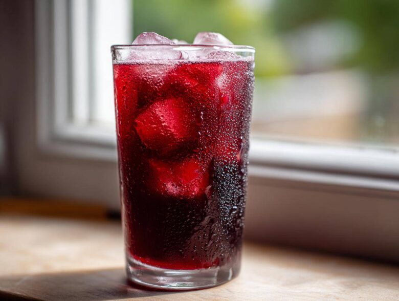 A tall, sweating glass filled with ice and deep red Agua Fresca de Jamaica Hibiscus, set near a bright window.