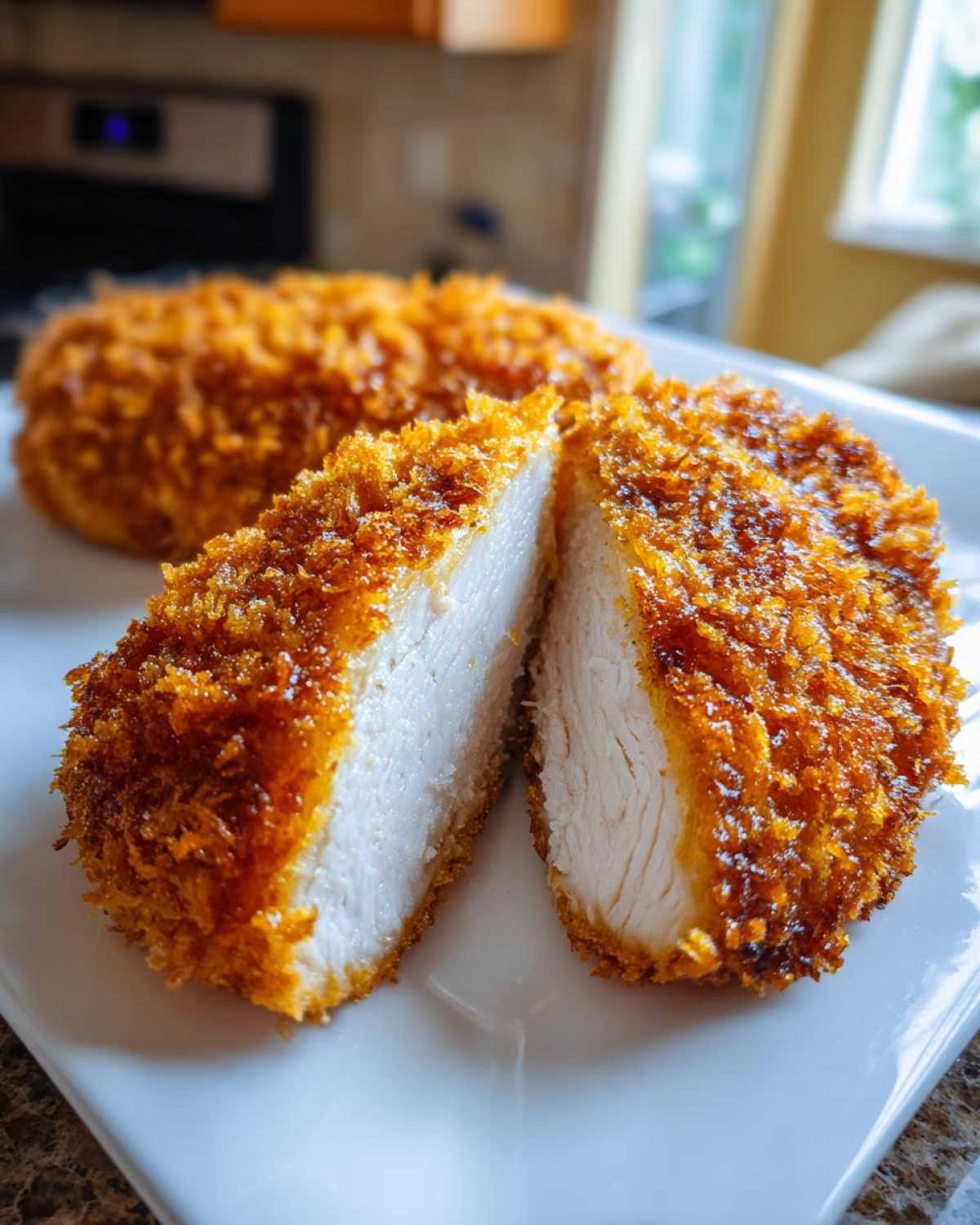 Close-up of Katsu Curry Sandwich Cutlets sliced in half, showing juicy white meat and crispy panko breading.