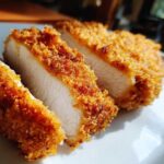 Close-up of three thick slices of golden brown Katsu Curry Sandwich Cutlets showing juicy white meat inside.