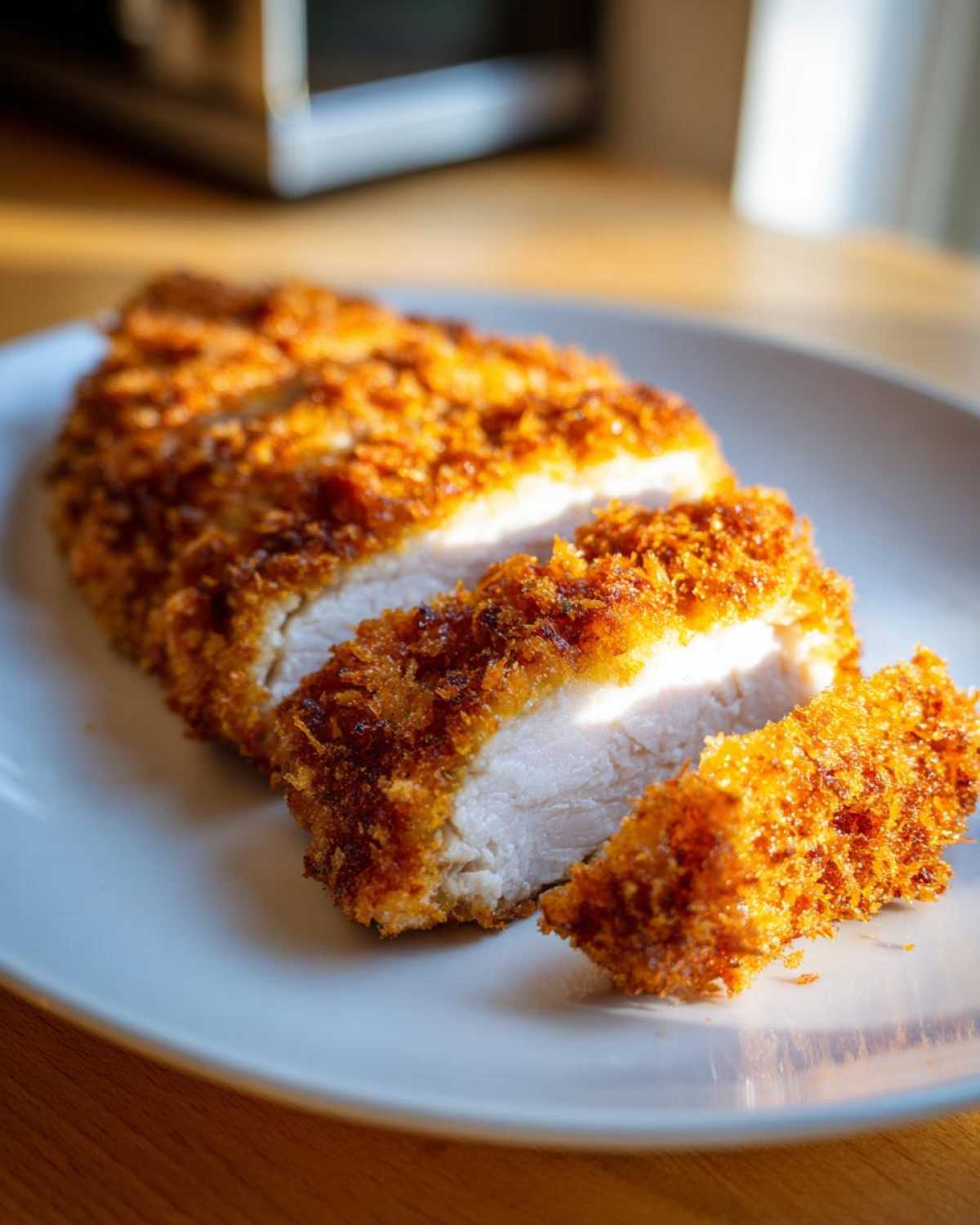 Close-up of perfectly cooked Katsu Curry Sandwich Cutlets, sliced to show the juicy white meat and crispy golden panko crust.