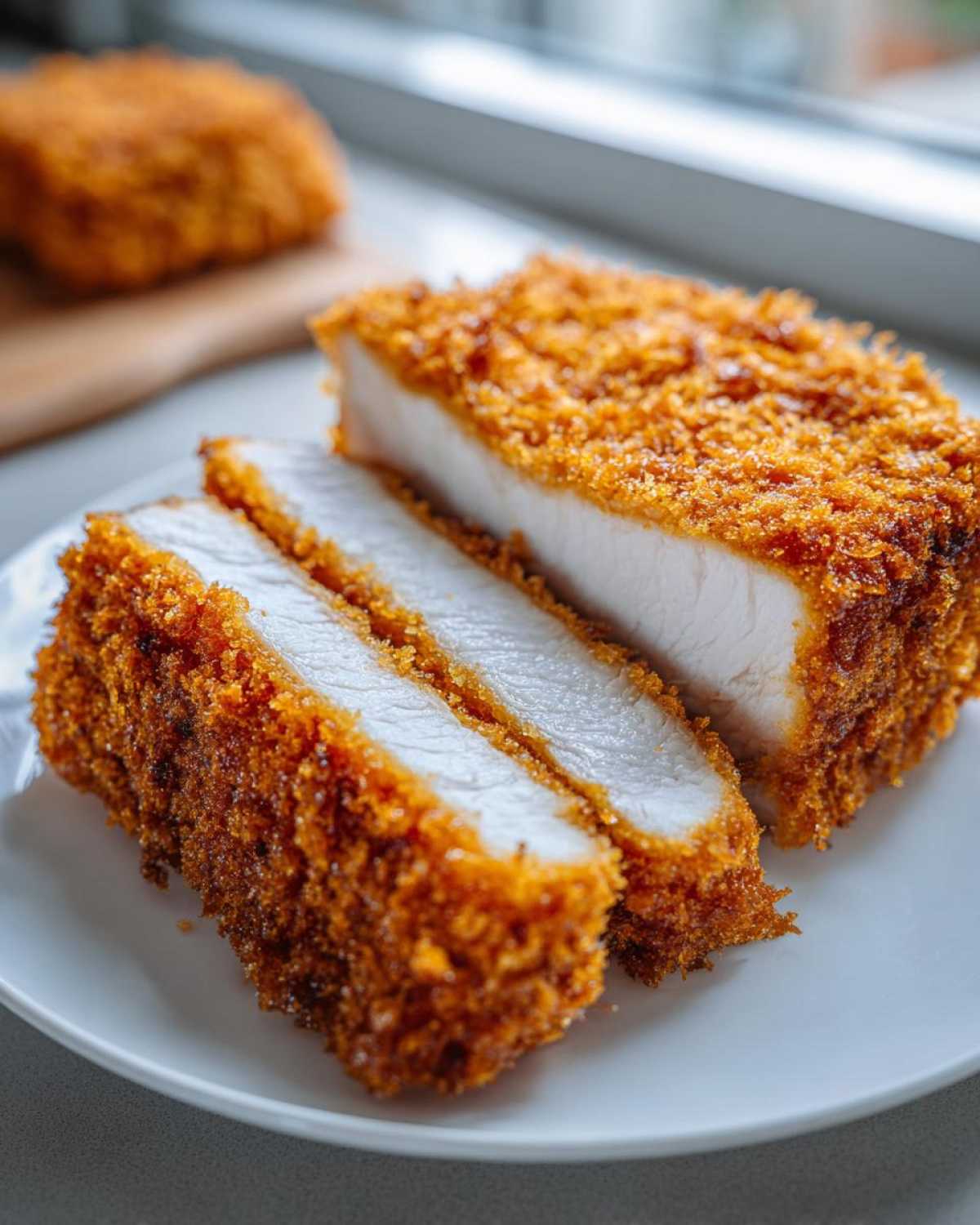 Close-up of thick, juicy Katsu Curry Sandwich Cutlets, sliced to show the white meat and crispy golden panko crust.