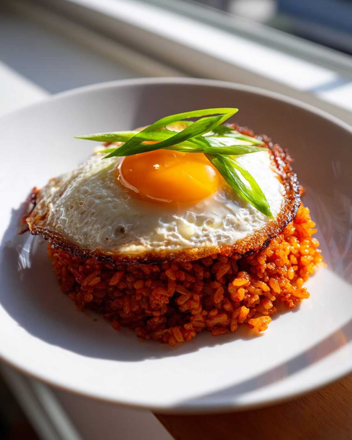 A serving of vibrant Kimchi Fried Rice topped with a perfectly crispy fried egg and fresh green scallions.