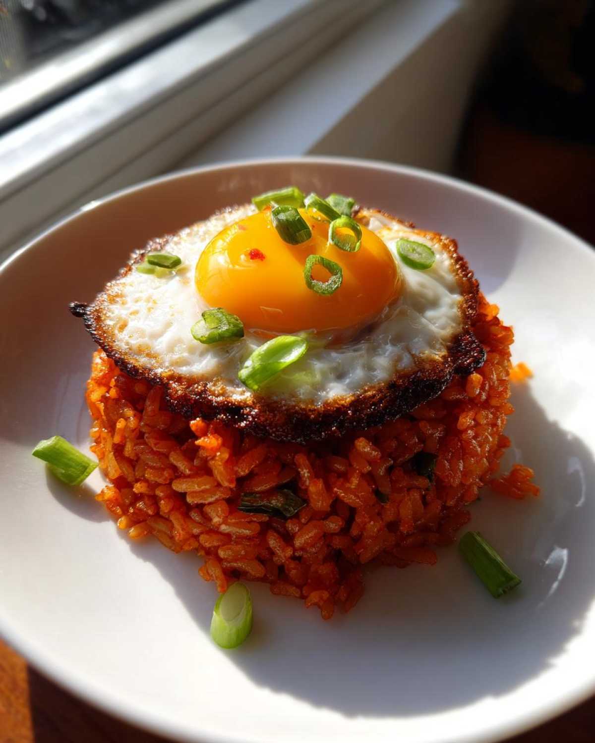 Perfectly molded Kimchi Fried Rice topped with a crispy fried egg and fresh scallions.