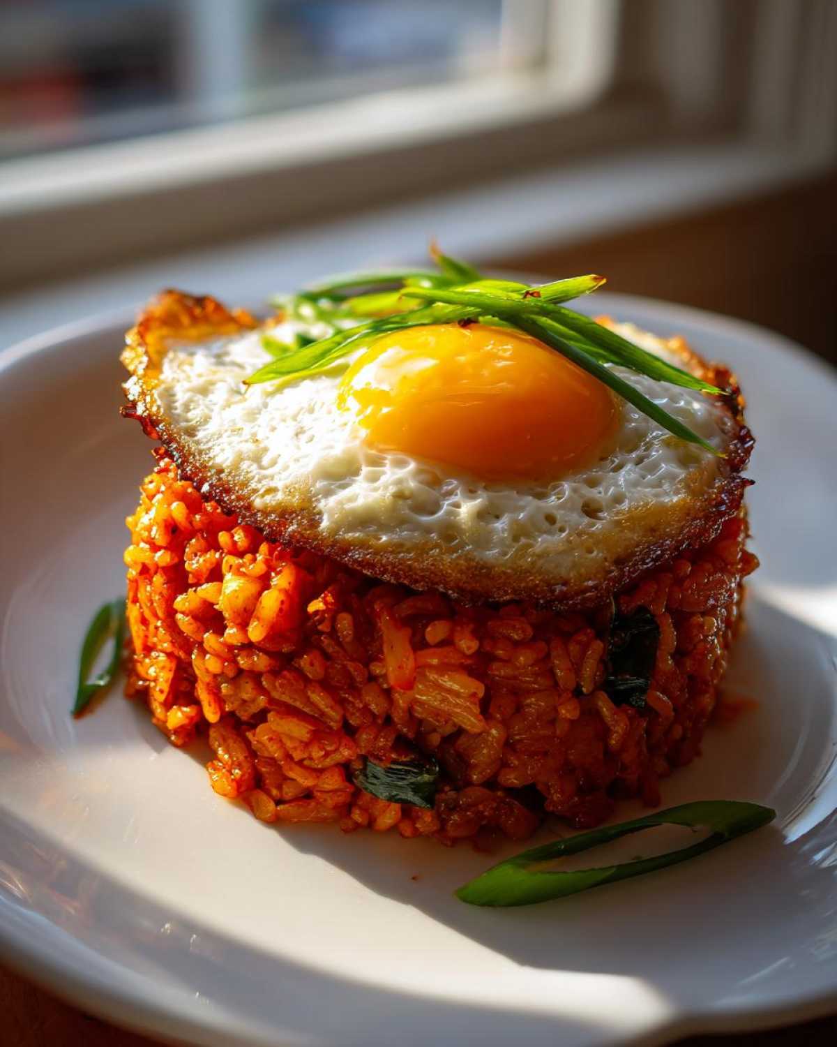 A perfectly molded stack of vibrant red Kimchi Fried Rice topped with a crispy fried egg and green onions.