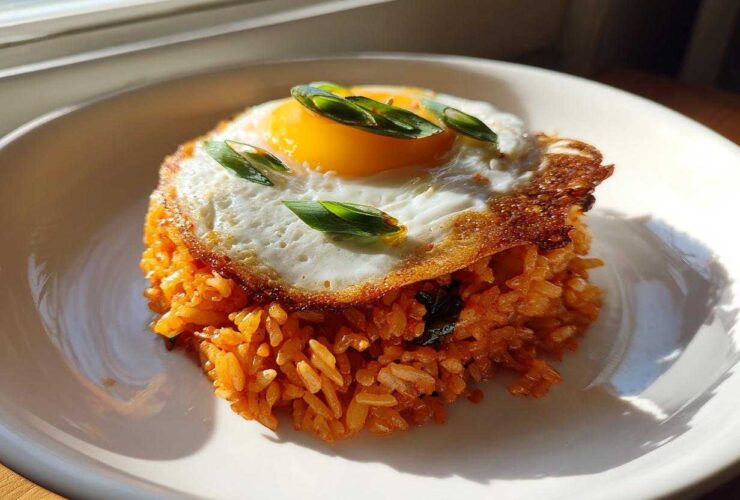 A perfectly plated mound of orange Kimchi Fried Rice topped with a crispy fried egg and sliced green onions.