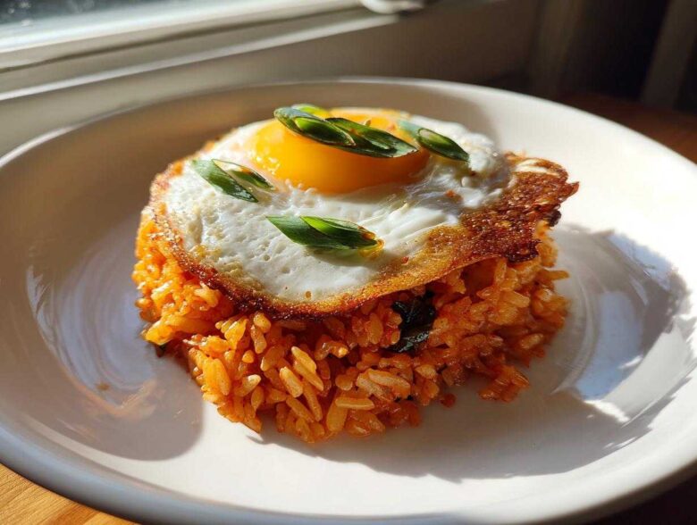 A perfectly plated mound of orange Kimchi Fried Rice topped with a crispy fried egg and sliced green onions.