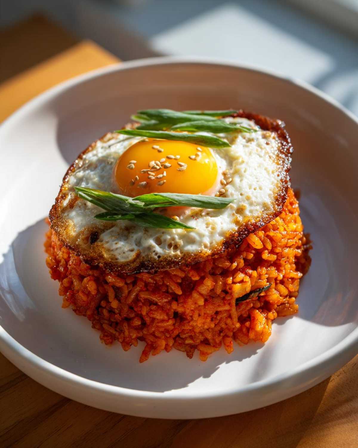 A mound of bright orange Kimchi Fried Rice topped with a perfectly crispy fried egg and sliced scallions.