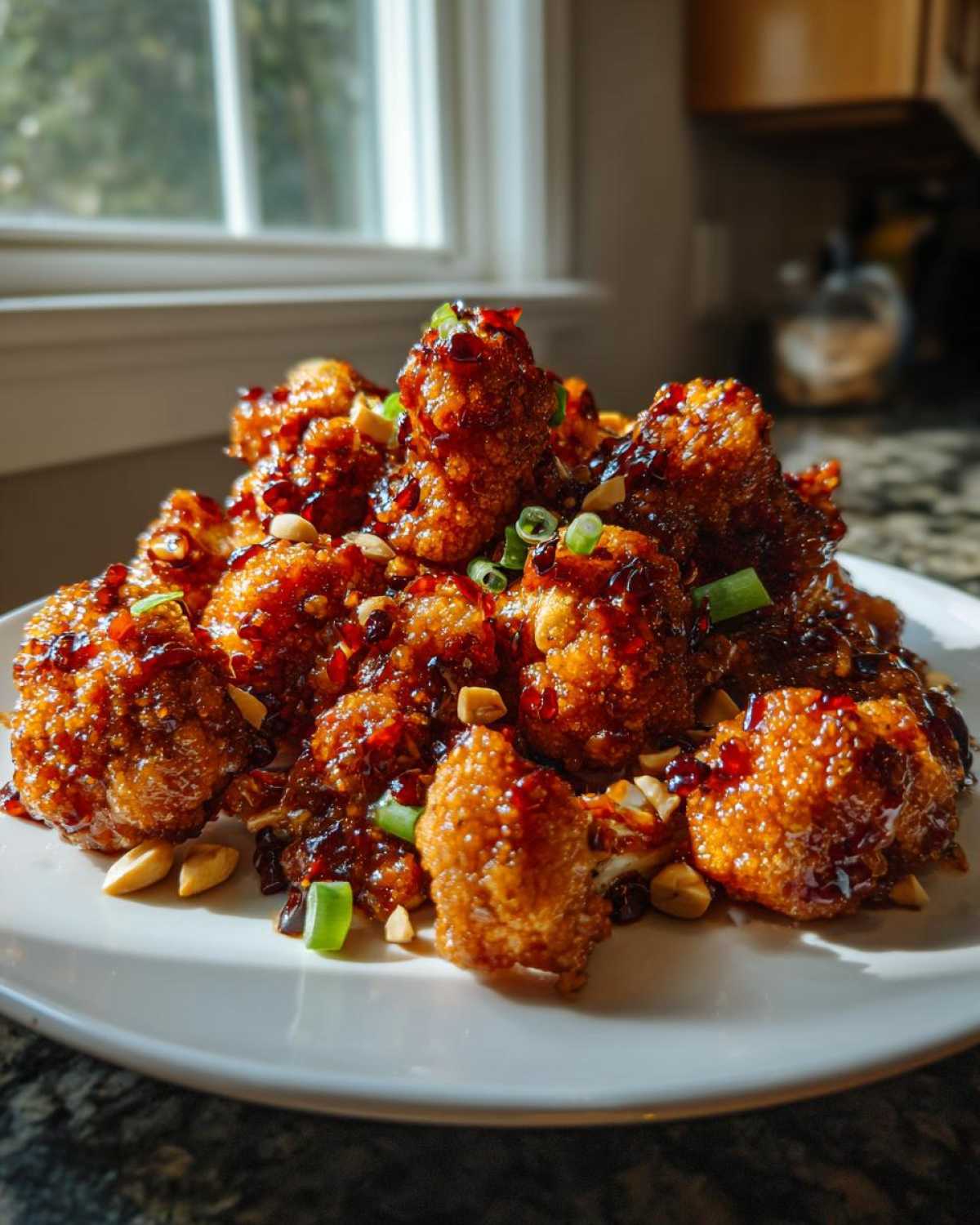 A plate piled high with crispy Kung Pao Cauliflower florets coated in a dark, glossy sauce, topped with peanuts and green onions.