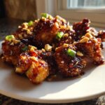 A plate of crispy, glazed Kung Pao Cauliflower topped with chopped peanuts and green onions.