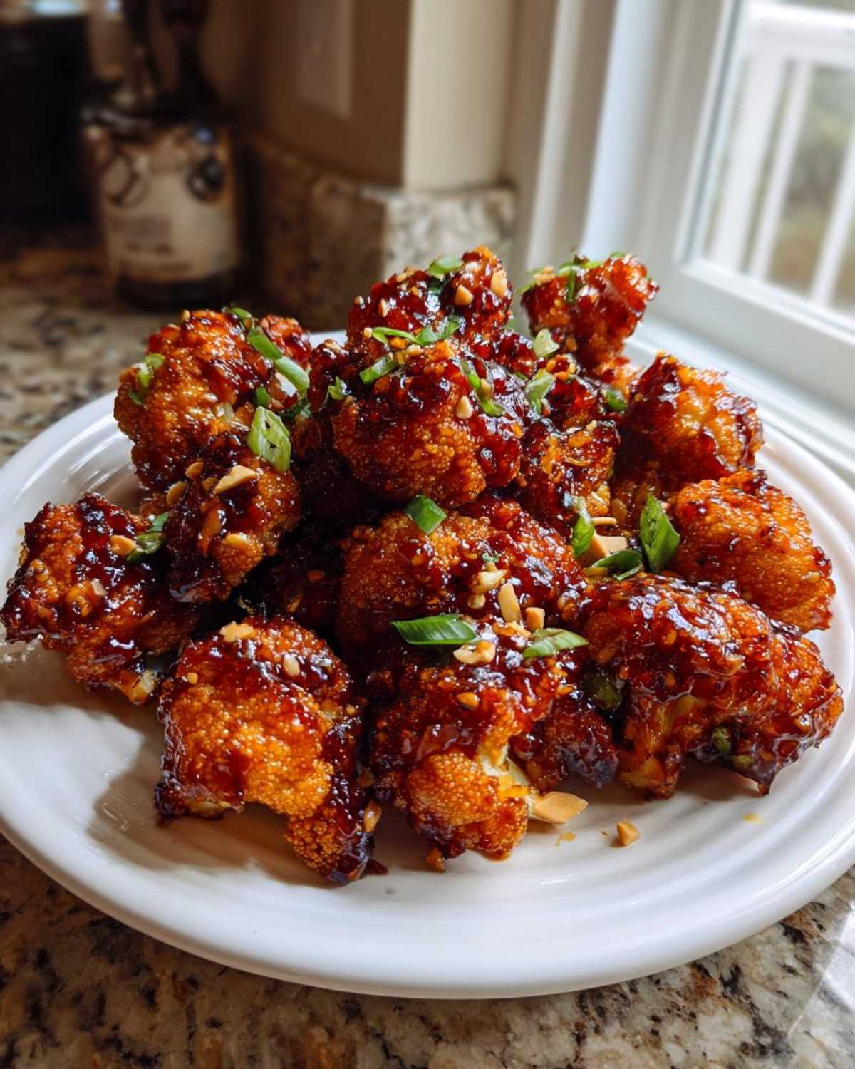 A plate piled high with crispy, glazed Kung Pao Cauliflower florets topped with chopped peanuts and green onions.