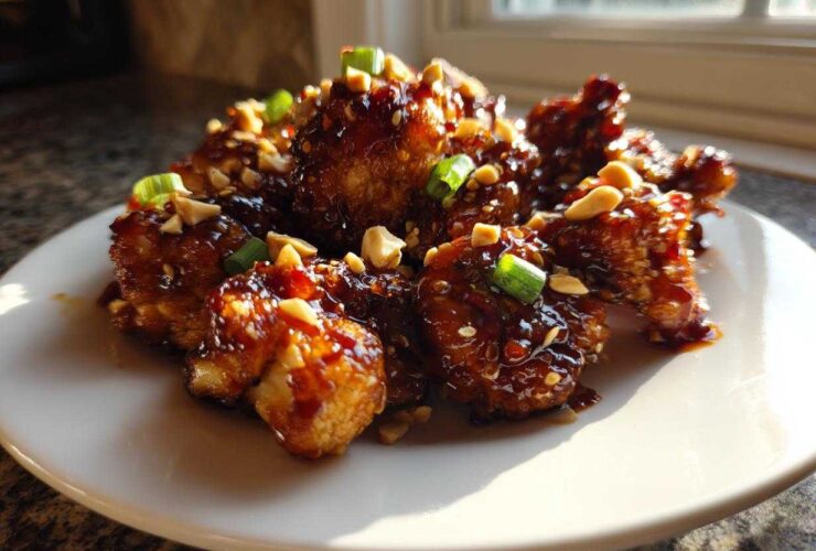 A plate of crispy, glazed Kung Pao Cauliflower topped with chopped peanuts and green onions.