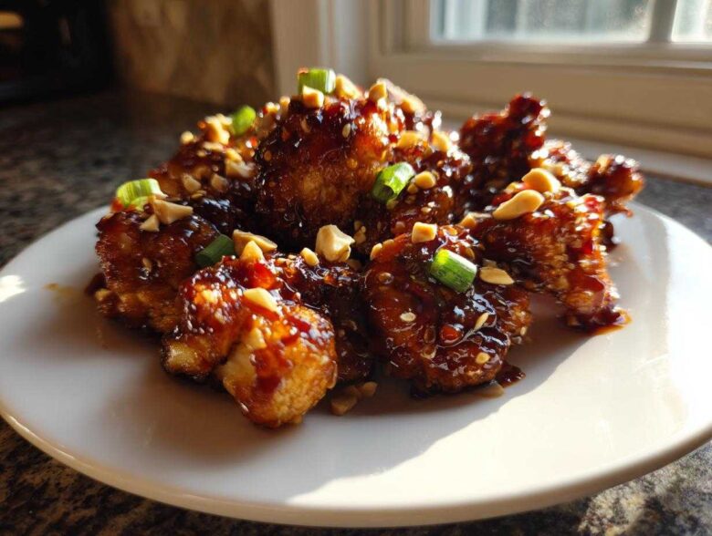 A plate of crispy, glazed Kung Pao Cauliflower topped with chopped peanuts and green onions.