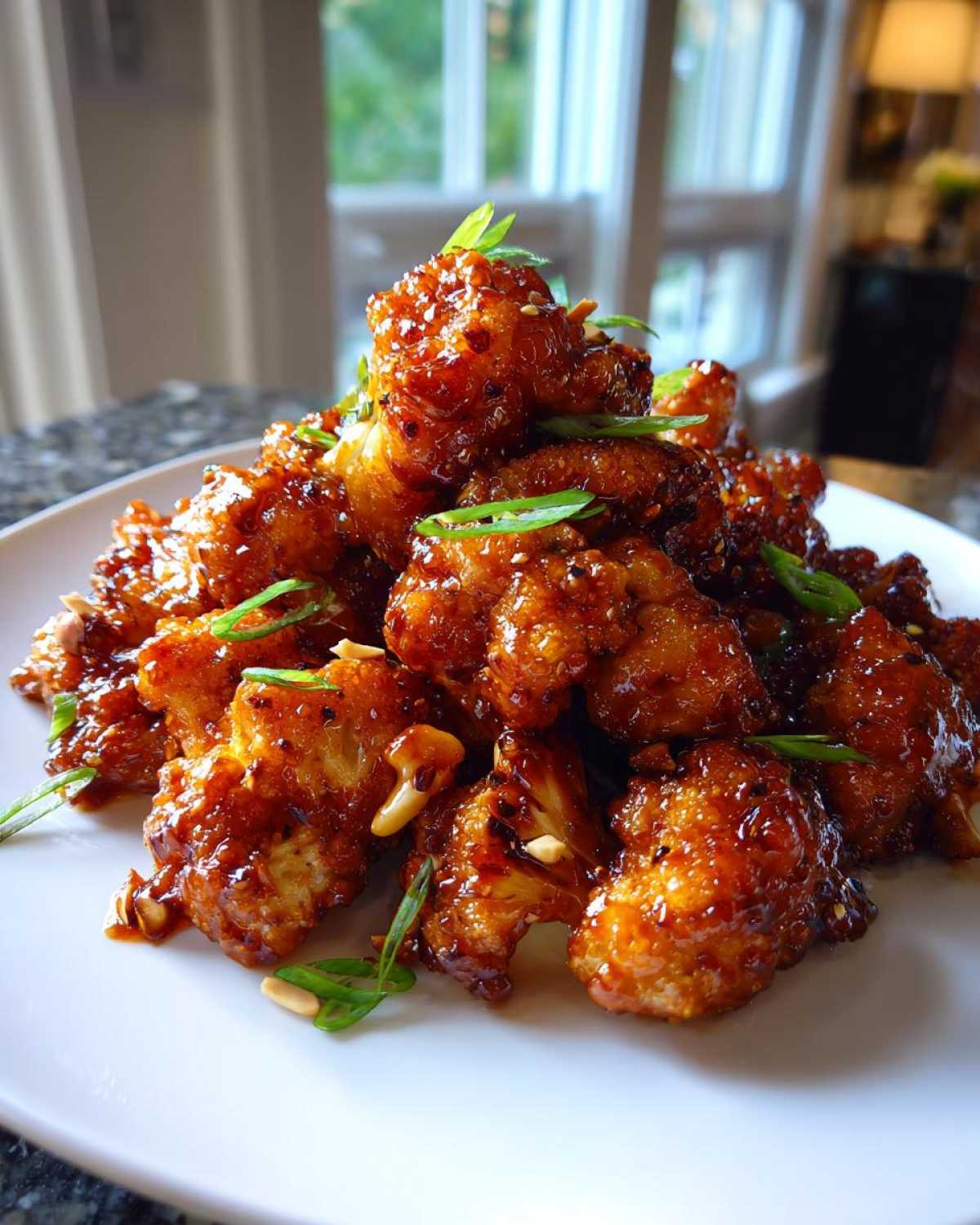 A heaping pile of glossy, saucy Kung Pao Cauliflower pieces garnished with green onions and peanuts.