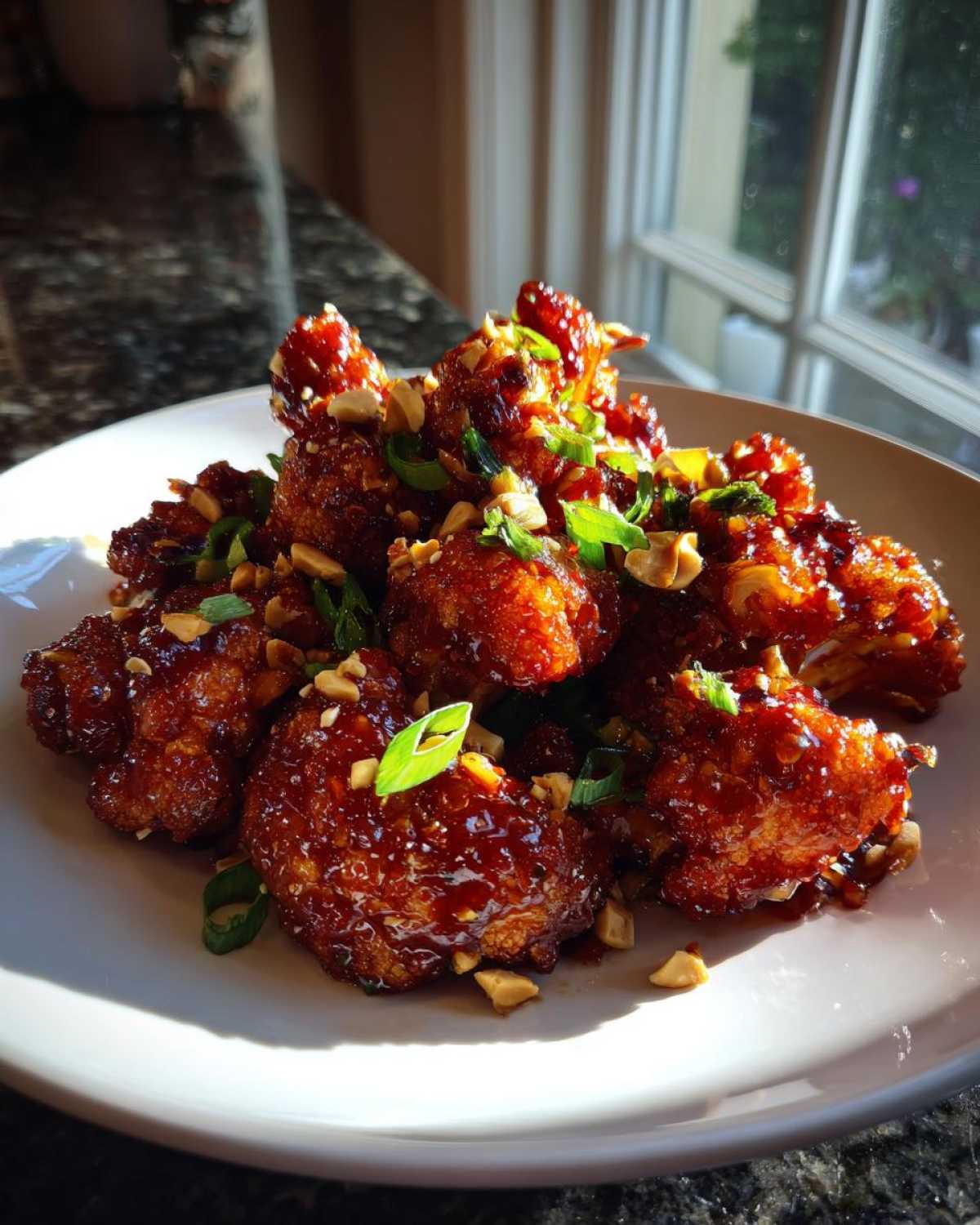 Close-up of glossy, saucy Kung Pao Cauliflower pieces garnished with chopped peanuts and green onions.