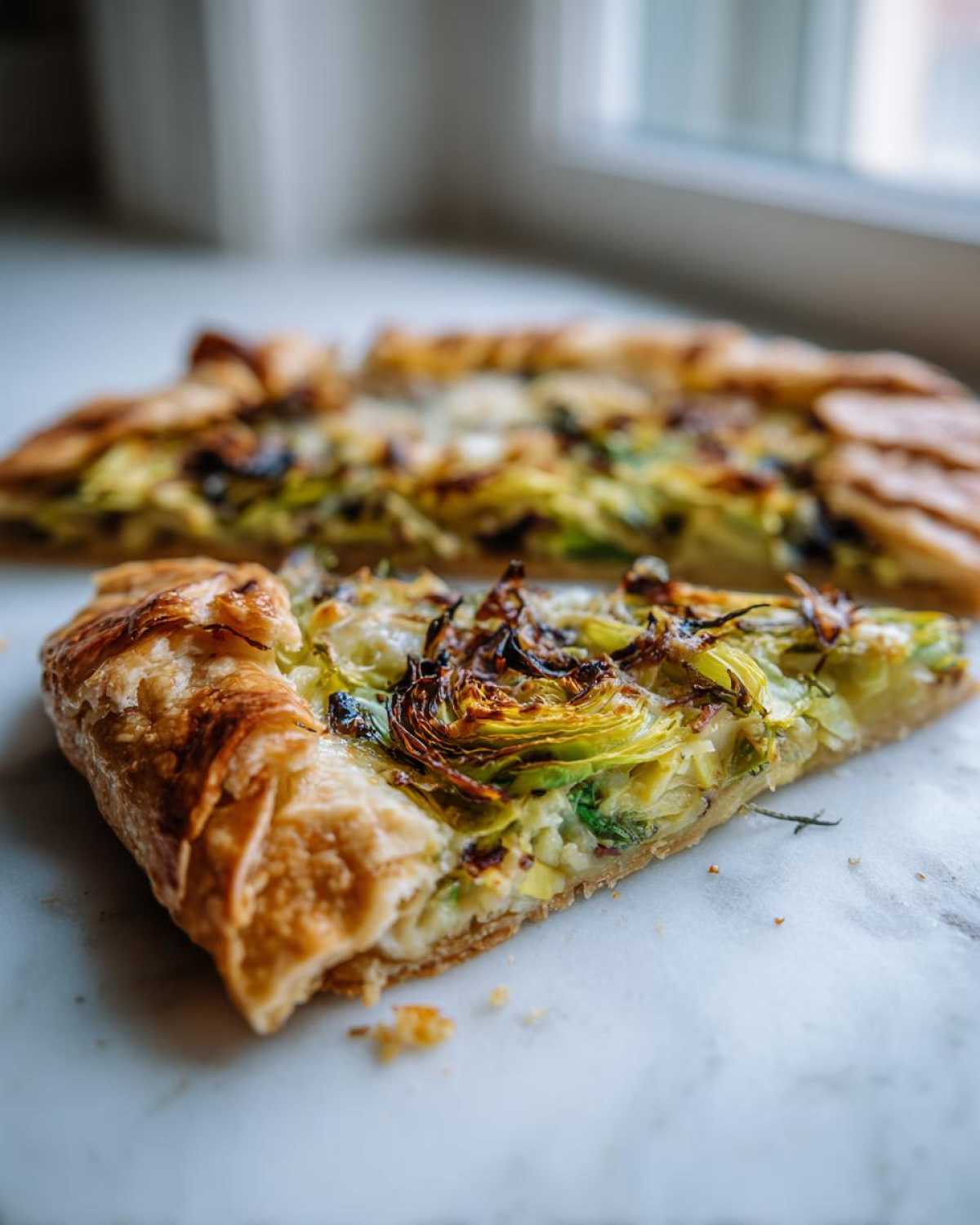 Close-up of a slice of flaky Leek Mushroom Galette showing caramelized leeks and golden crust.