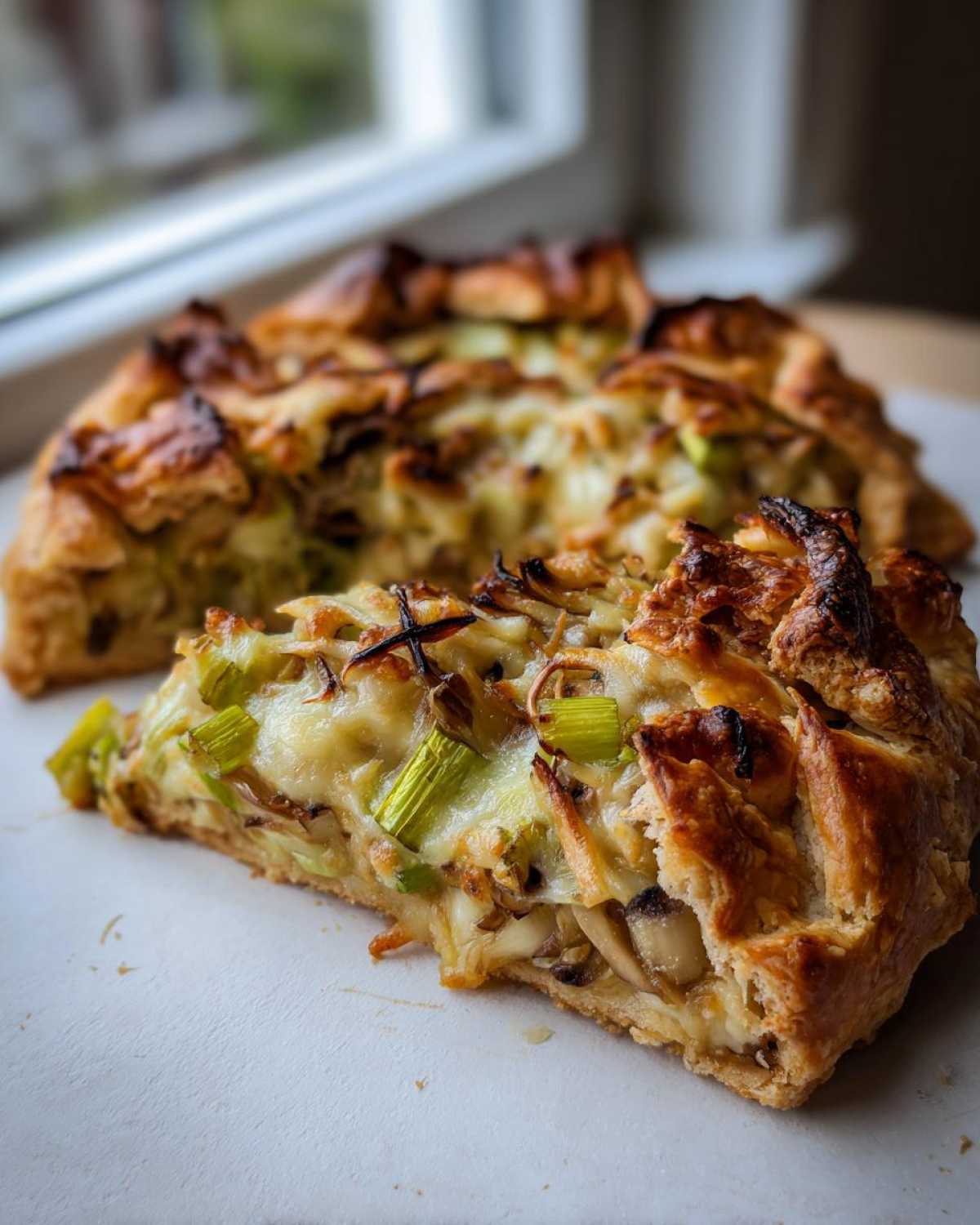 A close-up slice of a rustic Leek Mushroom Galette showing flaky crust, melted cheese, and bright green leek pieces.