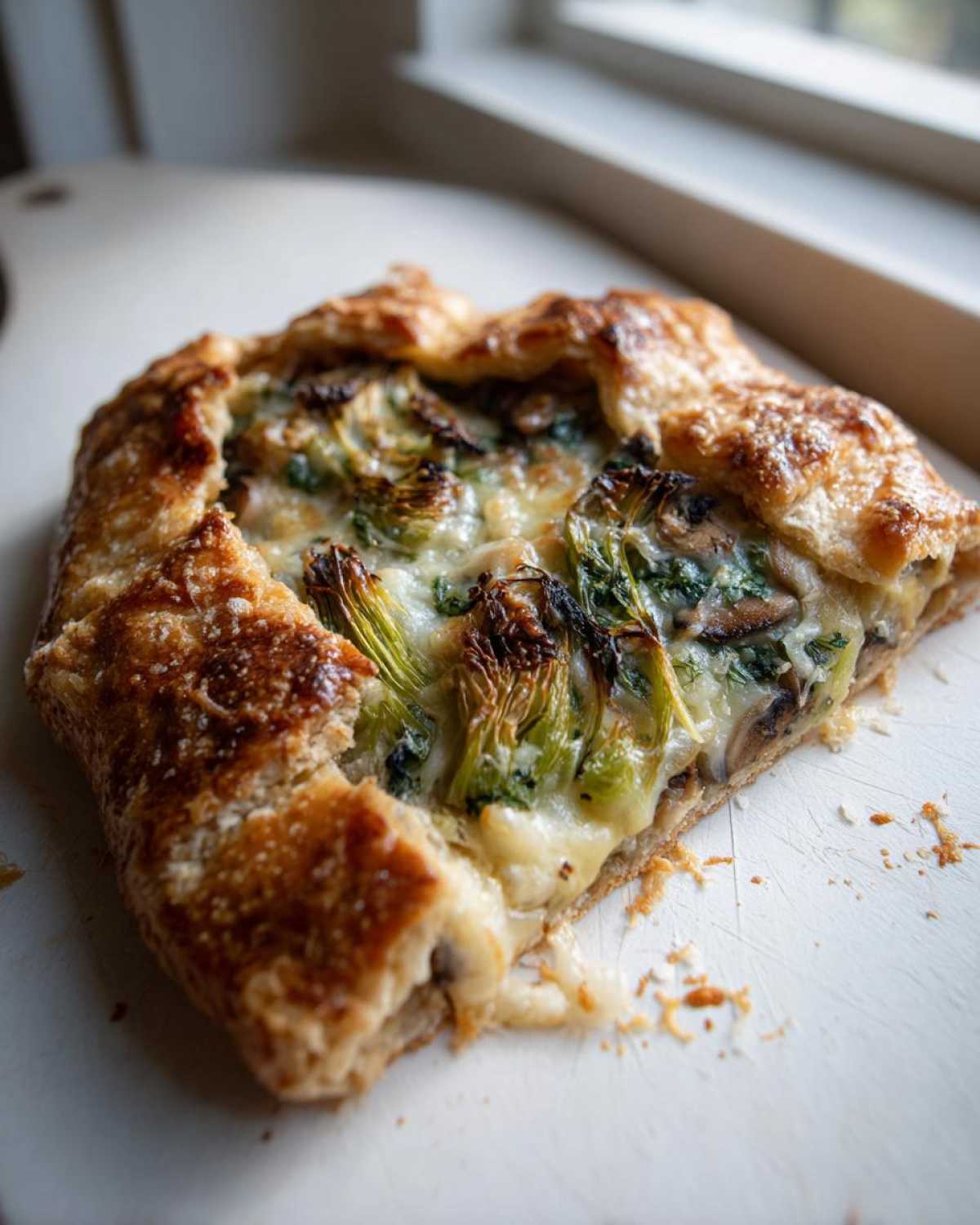 Close-up of a slice of Leek Mushroom Galette with flaky crust and melted cheese filling.