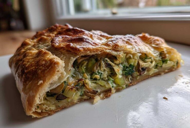 A close-up cross-section of a golden, flaky Leek Mushroom Galette slice showing the savory filling.