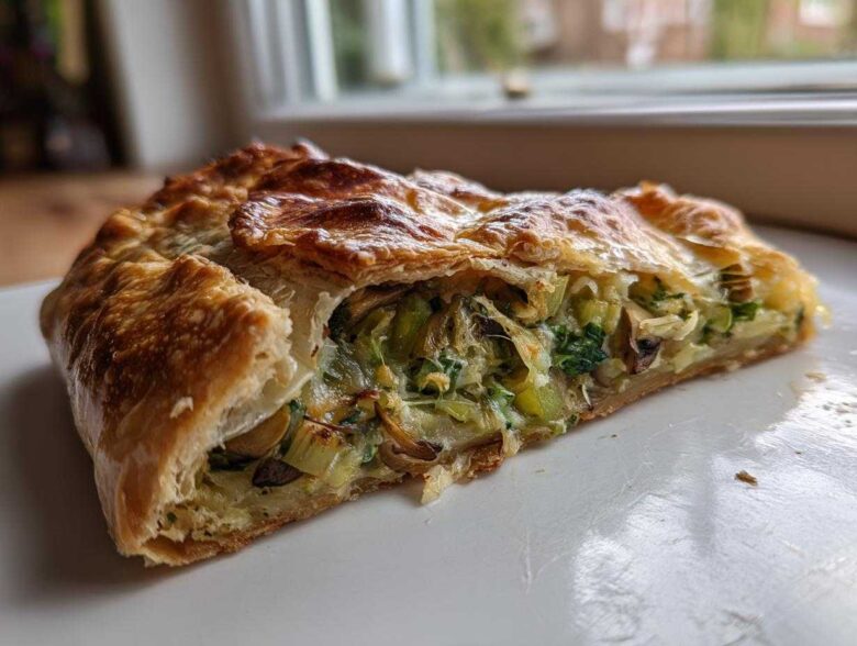 A close-up cross-section of a golden, flaky Leek Mushroom Galette slice showing the savory filling.