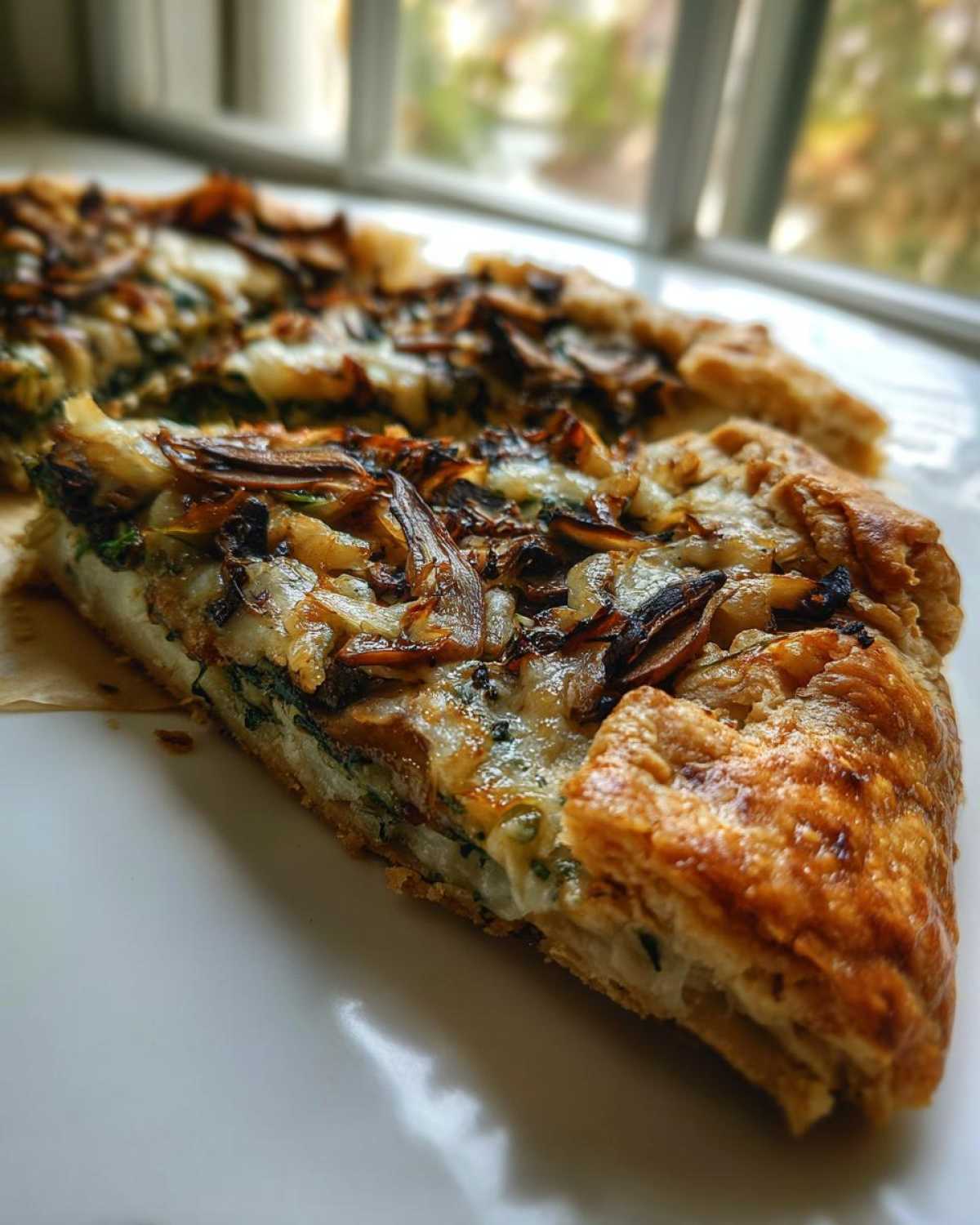 A close-up shot of a slice of Leek Mushroom Galette showing flaky crust and caramelized mushroom and leek topping.