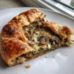 Close-up of a slice of golden-brown Leek Mushroom Galette showing flaky pastry and savory filling.