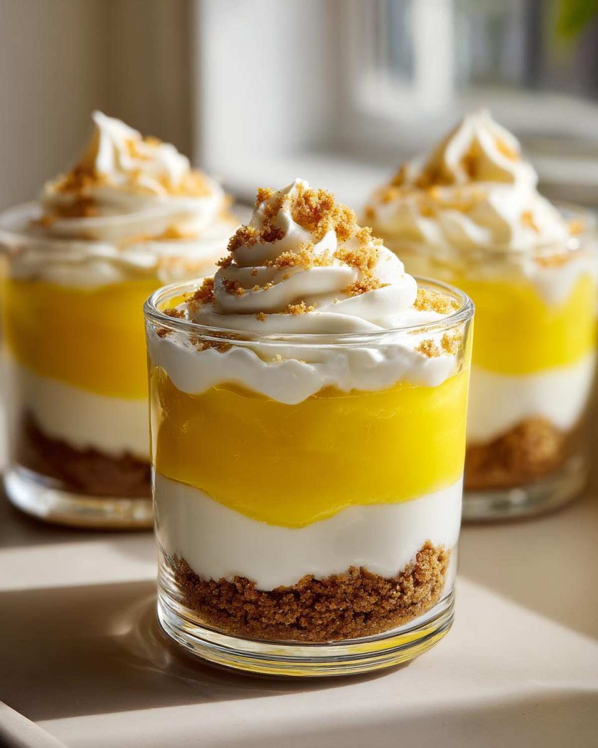 Three layered Lemon Curd Parfait Cups featuring a graham cracker crust, lemon curd, cream, and a crumb topping.