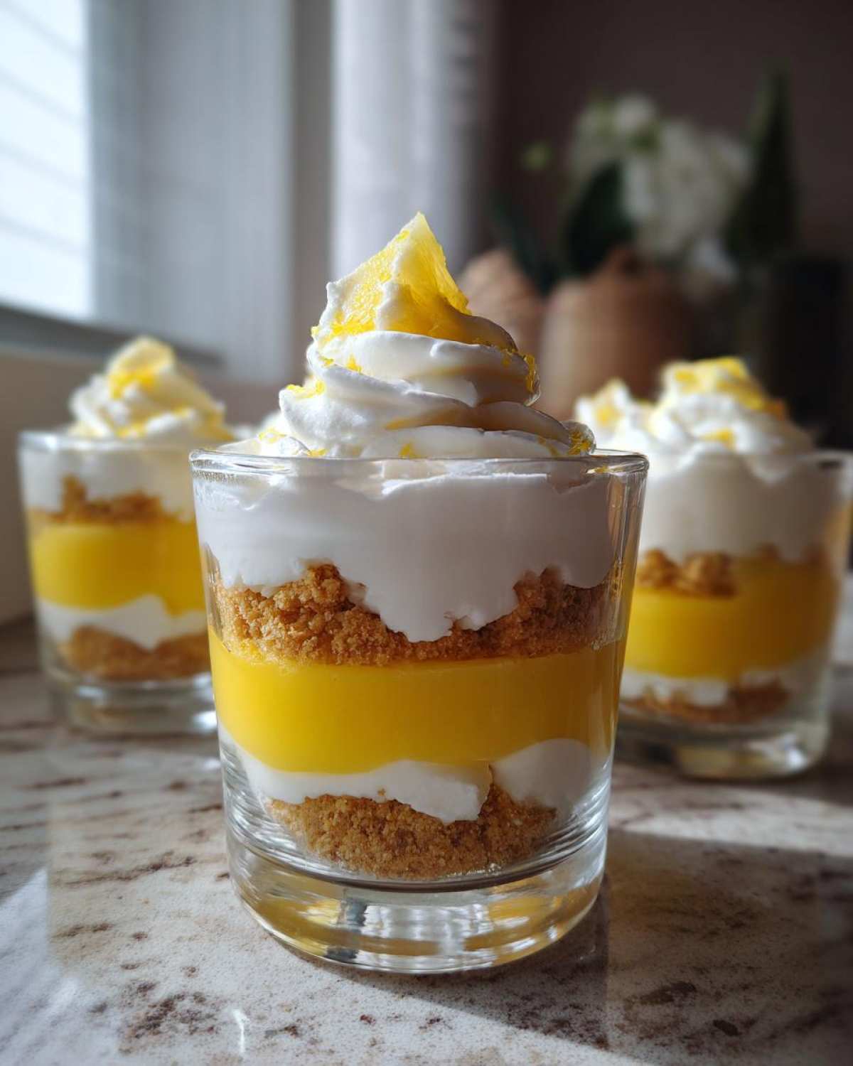 Close-up of a layered Lemon Curd Parfait Cups dessert featuring bright yellow lemon curd, graham cracker crumbs, and whipped topping.
