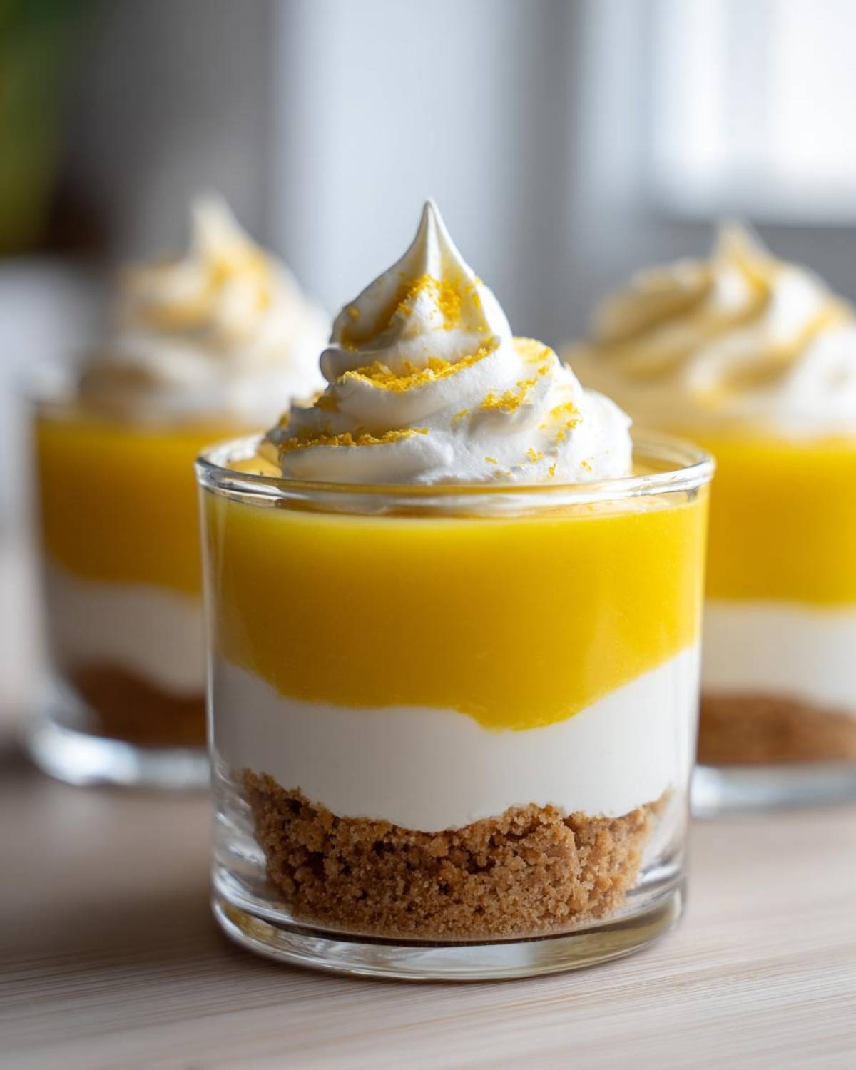 Close-up of one of the Lemon Curd Parfait Cups showing graham cracker crust, white cream layer, bright yellow lemon curd, and whipped topping.