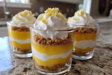 Three layered Lemon Curd Parfait Cups featuring lemon curd, cream, and graham cracker crust, topped with whipped cream and zest.