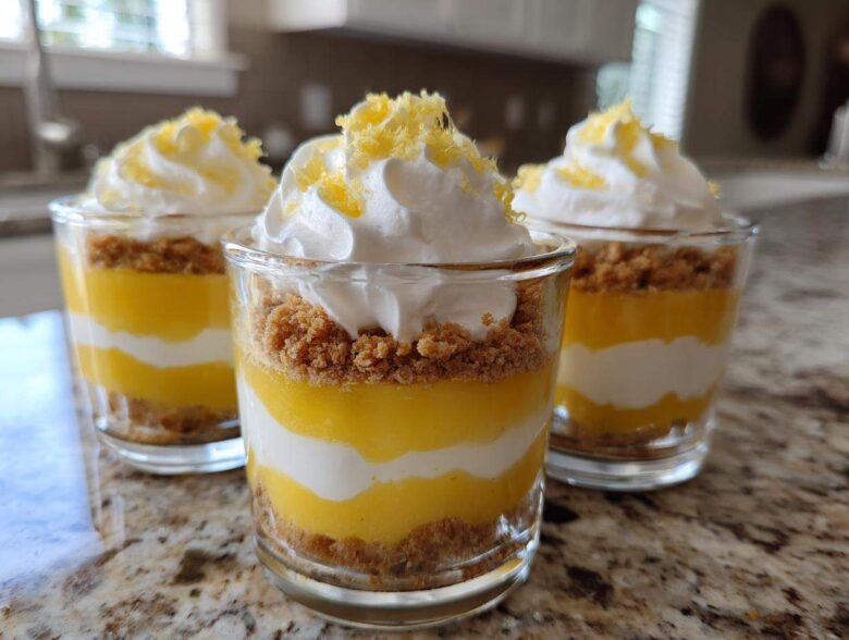 Three layered Lemon Curd Parfait Cups featuring lemon curd, cream, and graham cracker crust, topped with whipped cream and zest.