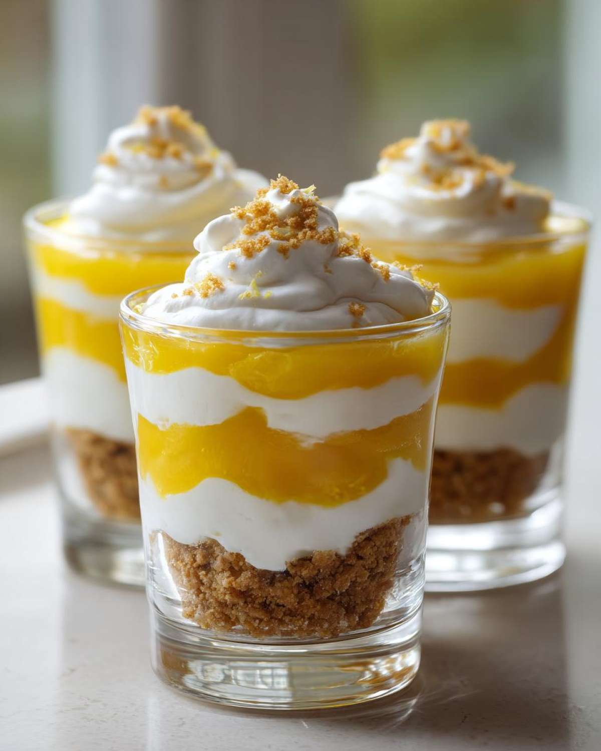 Three individual Lemon Curd Parfait Cups showing layers of graham cracker crust, lemon curd, and whipped cream topping.