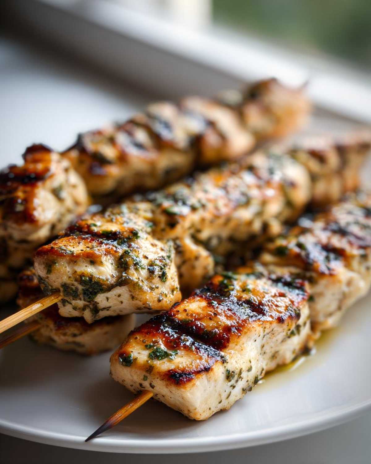 Close-up of perfectly grilled Lemon Herb Grilled Chicken Skewers, showing char marks and green herbs.