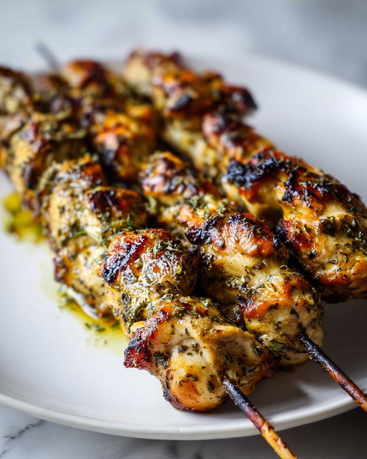Close-up of several Lemon Herb Grilled Chicken Skewers glistening with marinade on a white plate.