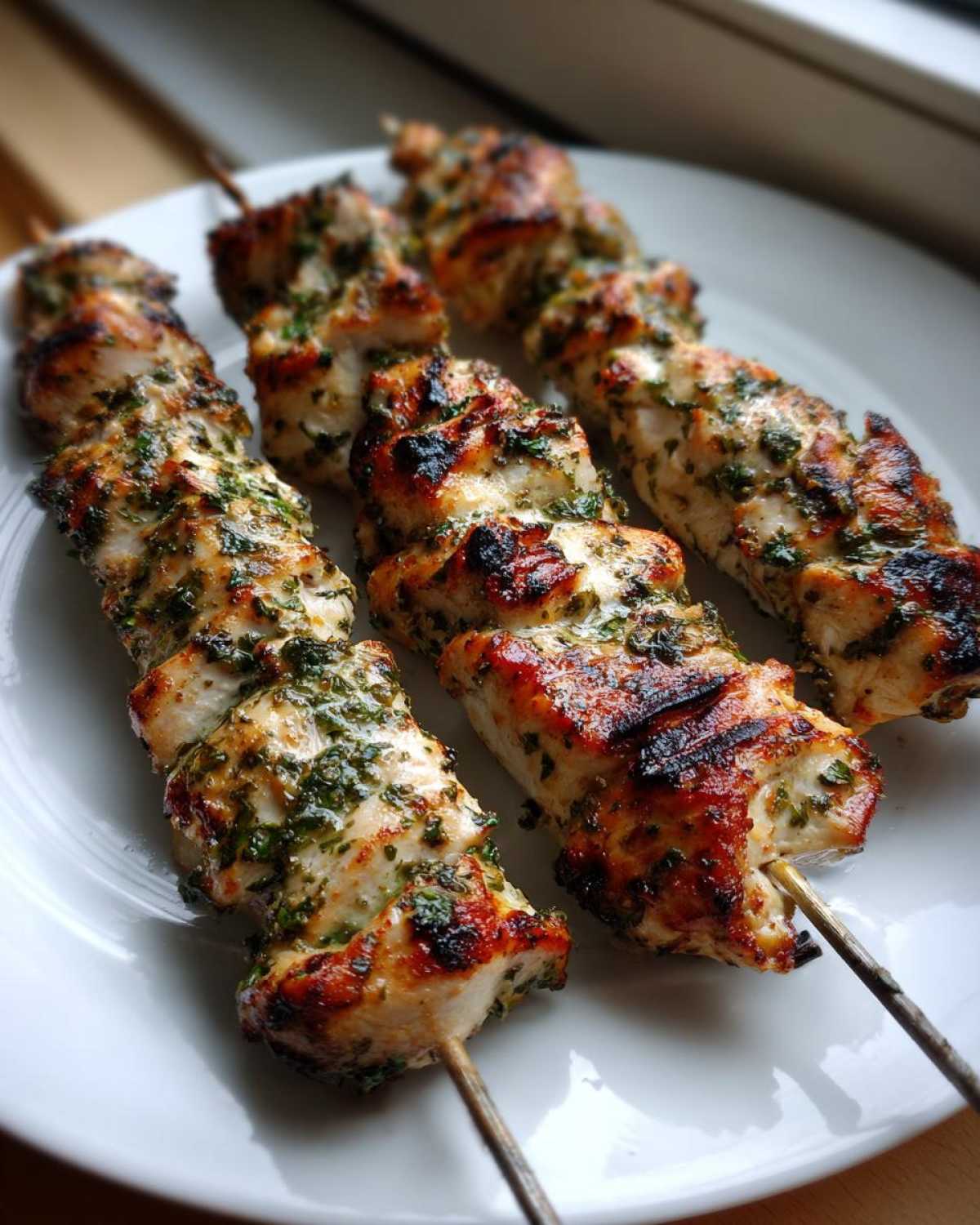 Three skewers of juicy Lemon Herb Grilled Chicken Skewers, nicely charred and coated in green herbs, resting on a white plate.