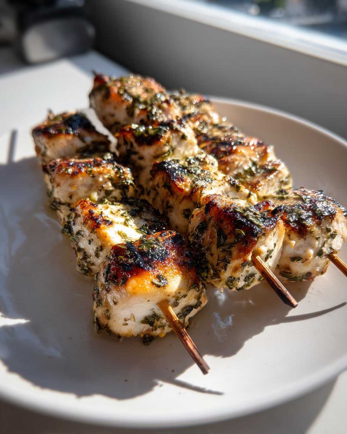 Close-up of perfectly grilled Lemon Herb Grilled Chicken Skewers on a white plate, showing char marks and green herbs.