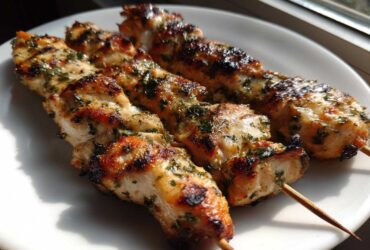 Three perfectly grilled Lemon Herb Chicken Skewers resting on a white plate, showing char marks and green herbs.