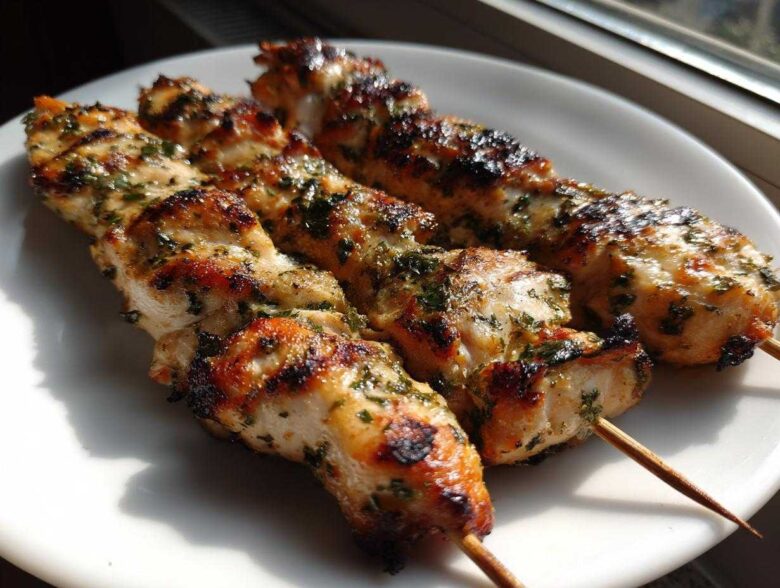 Three perfectly grilled Lemon Herb Chicken Skewers resting on a white plate, showing char marks and green herbs.