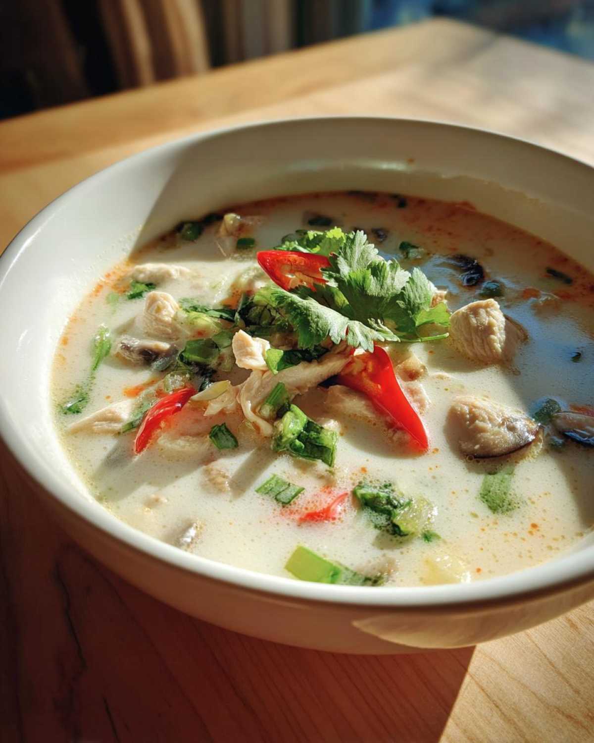 A close-up of a creamy bowl of Lemongrass Coconut Chicken Soup topped with cilantro, scallions, and red chili slices.