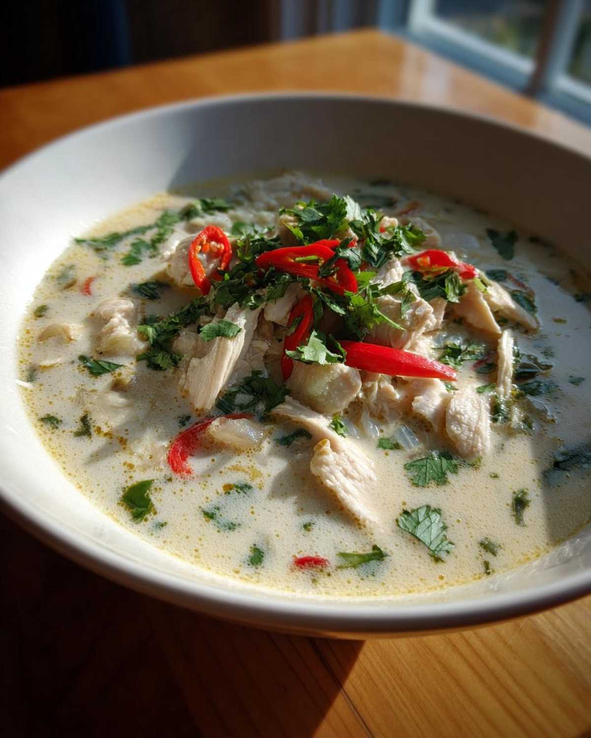 A close-up of a bowl of creamy Lemongrass Coconut Chicken Soup topped with shredded chicken, herbs, and red chili slices.