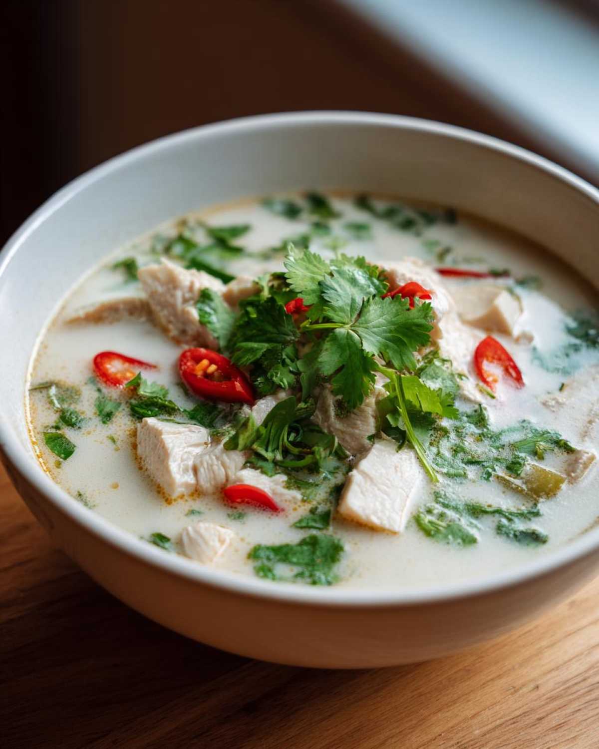 Close-up of creamy Lemongrass Coconut Chicken Soup topped with chicken chunks, fresh cilantro, and sliced red chilies.