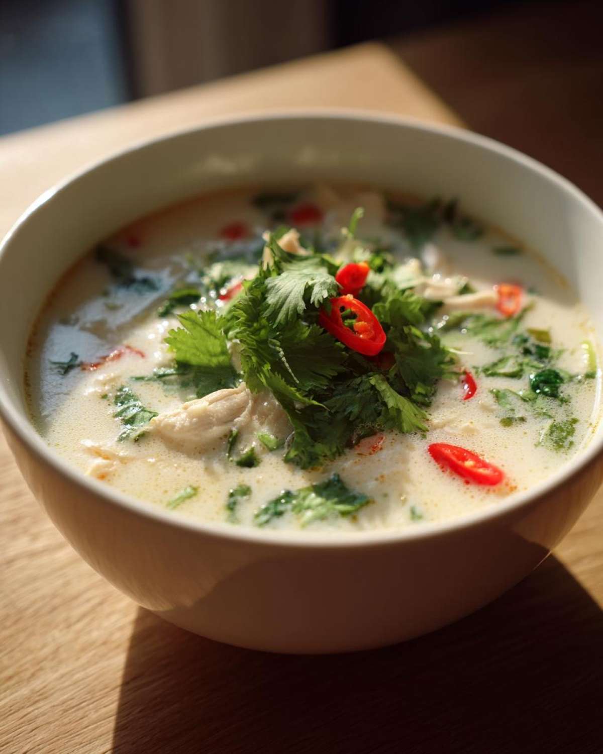 Close-up of a creamy bowl of Lemongrass Coconut Chicken Soup garnished with fresh cilantro and sliced red chilies.