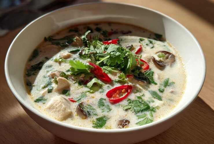 A close-up of a white bowl filled with creamy Lemongrass Coconut Chicken Soup, topped with cilantro and red chili slices.